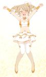  1girl :d @_@ armpits arms_up bangs bare_shoulders blush breasts brown_eyes brown_footwear brown_hair drill_hair eyebrows_visible_through_hair full_body hat idolmaster idolmaster_cinderella_girls midriff mini_hat morikubo_nono navel nose_blush open_mouth outstretched_arms shoes skirt small_breasts smile solo star strapless sweat thighhighs tilted_headwear ushi white_headwear white_legwear white_skirt wrist_cuffs 