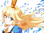  1girl blonde_hair blue_eyes charlotta_fenia closed_mouth commentary_request crown floating_hair from_side granblue_fantasy hair_between_eyes harvin highres long_hair looking_at_viewer pointy_ears smile solo tiyano upper_body white_background 