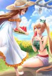  2girls alleyne_(queen&#039;s_blade) alternate_hairstyle bangs bare_arms bare_shoulders barefoot blonde_hair blue_eyes blue_sky braid breasts brown_eyes brown_hair cleavage cloud day dress eating elf flower food fruit green_shirt hair_down hat high_ponytail highres holding holding_tray long_hair medium_breasts midriff multiple_girls navel nowa official_art open_mouth outdoors pointy_ears ponytail profile queen&#039;s_blade queen&#039;s_blade_unlimited queen&#039;s_blade_white_triangle shirt shorts side_braid single_braid sitting sky straw_hat sun_hat sundress sunflower thighs tray very_long_hair watermelon white_dress white_shorts wind_chime 