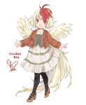  1girl :d alternate_costume animal animal_on_head bangs bird black_legwear blonde_hair brown_footwear brown_jacket casual chick commentary_request contemporary cross-laced_clothes dress eyebrows_visible_through_hair feathered_wings full_body high_heels jacket long_sleeves looking_at_viewer multicolored_hair niwatari_kutaka no_nose on_head open_clothes open_jacket open_mouth pantyhose red_eyes red_hair short_hair signature simple_background smile solo standing tail_feathers touhou toutenkou translation_request two-tone_hair white_background white_dress wings yellow_wings 