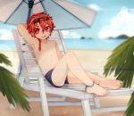  1boy alexander_(fate/grand_order) anklet bad_feet barefoot beach braid chest day eyewear_on_head eyuzi_i fate/grand_order fate_(series) feet full_body hair_between_eyes highres jewelry looking_at_viewer male_focus male_swimwear open_mouth outdoors red_eyes red_hair shade single_braid smile solo swim_briefs swimwear 