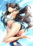  1girl anklet armlet ass asymmetrical_legwear asymmetrical_sleeves bangs bare_shoulders barefoot black_bikini_bottom black_hair blue_sky blush breasts bridal_gauntlets closed_mouth detached_sleeves earrings fate/grand_order fate_(series) hoop_earrings ishtar_(fate/grand_order) jewelry long_hair looking_at_viewer neck_ring parted_bangs red_eyes single_detached_sleeve sky small_breasts smile solo thighs tiara two_side_up white_bikini_top zen 