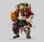  1boy alternate_costume armored_boots bag bandages beard boots bow candy dozla_(fire_emblem) facial_hair fire_emblem fire_emblem:_the_sacred_stones fire_emblem_heroes food full_body gears green_eyes green_hair grey_background halloween_costume kita_senri mustache official_art pumpkin scar solo torn_clothes 