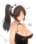  1girl absurdres alternate_costume artist_name bangs bare_shoulders black_choker black_dress black_hair breasts brown_hair choker cleavage dress earrings english_text eyebrows_visible_through_hair forehead_jewel french_maid_nidalee frilled_dress frills hair_ornament hair_scrunchie highres jewelry large_breasts league_of_legends looking_at_viewer looking_to_the_side maid_headdress nidalee parted_bangs parted_lips ponytail rude_ruin scowl scrunchie solo speech_bubble upper_body white_background white_scrunchie yellow_eyes 