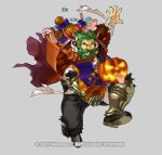  1boy alternate_costume armored_boots bag bandages beard boots bow candy dozla_(fire_emblem) facial_hair fire_emblem fire_emblem:_the_sacred_stones fire_emblem_heroes food full_body gears green_eyes green_hair grey_background halloween_costume kita_senri mustache official_art open_mouth pumpkin scar solo teeth torn_clothes 