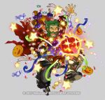  1boy alternate_costume armored_boots bag bandages beard boots bow candy closed_eyes dozla_(fire_emblem) facial_hair fire_emblem fire_emblem:_the_sacred_stones fire_emblem_heroes food full_body glowing glowing_eyes green_hair grey_background halloween_costume kita_senri mustache official_art open_mouth pumpkin scar solo sparkle star teeth torn_clothes 