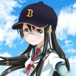  1girl baseball_cap black_hair black_headwear blue_eyes blue_sky breasts cloud comicand_com commentary_request day glasses hat kantai_collection long_hair long_sleeves looking_at_viewer ooyodo_(kantai_collection) orix_buffaloes outdoors red_neckwear red_ribbon ribbon sky small_breasts solo upper_body 