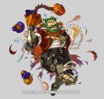  1boy alternate_costume armored_boots bag bandages beard boots bow candy dozla_(fire_emblem) facial_hair fire_emblem fire_emblem:_the_sacred_stones fire_emblem_heroes food full_body glowing glowing_eyes green_eyes green_hair grey_background halloween_costume kita_senri mustache official_art open_mouth pumpkin scar solo teeth torn_clothes 