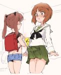  2girls absurdres aomushi_(mushamusha) backpack bag bangs blush brown_eyes brown_hair butt_crack commentary_request cropped_legs cum cum_in_clothes cum_on_clothes cum_through_clothes ejaculation ejaculation_under_clothes erection erection_under_clothes futa_with_female futanari girls_und_panzer green_skirt hair_ribbon heart highres implied_futanari kadotani_anzu long_hair long_sleeves multiple_girls nishizumi_miho ooarai_school_uniform open_mouth pleated_skirt randoseru red_backpack ribbon sailor_collar school_uniform serafuku shirt_lift short_hair short_shorts shorts skirt translated twintails white_sailor_collar white_serafuku 