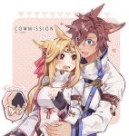 1boy 1girl animal_ears artist_name black_gloves blue_eyes blush breasts brown_hair commentary commission facial_mark final_fantasy final_fantasy_xiv fingerless_gloves fox_ears gloves hair_between_eyes hair_ribbon heart hug jacket large_breasts long_hair looking_at_another miqo&#039;te open_mouth red_eyes red_ribbon ribbon rirene_rn short_hair uniform white_jacket 