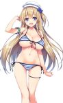  1girl arms_up bikini blonde_hair blue_eyes breasts commentary_request hat large_breasts long_hair looking_at_viewer open_mouth original ribbon simple_background solo string_bikini striped striped_bikini swimsuit tomose_shunsaku white_background 