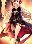  1girl bangs between_breasts black_cloak black_dress black_leotard blonde_hair breasts cloak commentary_request dress earrings ereshkigal_(fate/grand_order) eyebrows_visible_through_hair fate/grand_order fate_(series) fire fur-trimmed_cloak fur_trim glowing gold_trim hair_ribbon hoop_earrings jewelry large_breasts leotard light_particles long_hair looking_at_viewer parted_bangs print_dress print_leotard red_cloak red_eyes red_ribbon ribbon short_dress skull sky smile solo sparkle spine star_(sky) starry_sky thigh_gap thighs tiara two_side_up untsue very_long_hair weapon 
