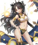  1girl absurdres armlet asymmetrical_legwear asymmetrical_sleeves bangs bare_shoulders black_bikini_bottom black_bow black_hair blush bow breasts closed_mouth earrings elbow_gloves fate/grand_order fate_(series) gloves hair_bow hand_on_hip heavenly_boat_maanna highres hoop_earrings ishtar_(fate/grand_order) jewelry kyjsogom long_hair looking_at_viewer medium_breasts navel neck_ring parted_bangs red_eyes simple_background single_elbow_glove single_thighhigh smile solo sparkle thighhighs thighs tiara two_side_up weapon white_background white_bikini_top 