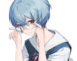  1girl arms_up ayanami_rei bangs bespectacled blue_hair bow closed_mouth commentary eyebrows_visible_through_hair glasses glasses_day hair_between_eyes holding holding_eyewear looking_at_viewer nagu neon_genesis_evangelion red_bow red_eyes red_neckwear school_uniform short_hair solo upper_body white-framed_eyewear 