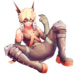  1boy bakugou_katsuki bare_shoulders blonde_hair boku_no_hero_academia chest commentary_request eye_mask face_mask gloves grin highres looking_at_viewer male_focus mask red_eyes salmon_(657931354) shirt short_hair simple_background smile solo spiked_hair spread_legs teeth white_background 