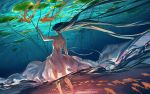  1girl arm_up backless_dress backless_outfit black_hair dress english_commentary fish floating_hair from_behind highres lily_pad long_hair original solo standing underwater watermark web_address wenqing_yan white_dress 