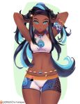  1girl absurdres adjusting_hair armlet arms_behind_head arms_up black_hair blue_eyes blue_hair breasts collar cowboy_shot dark_skin grey_background gym_leader highres long_hair looking_at_viewer medium_breasts midriff multicolored_hair navel open_mouth pokemon pokemon_(game) pokemon_swsh rurina_(pokemon) shorts solo sports_bra thighs tied_hair two-tone_background two-tone_hair white_background yur1rodrigues 