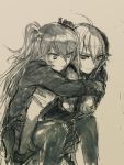  2girls ahoge carrying commentary_request dana_zane eyebrows_visible_through_hair girls_frontline highres long_hair mugitarou multiple_girls piggyback short_hair short_twintails sketch smile super_shorty_(girls_frontline) thighhighs twintails va-11_hall-a 