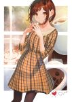  1girl bang_dream! black_legwear brown_eyes brown_hair coffee_beans coffee_cup collarbone cream cup disposable_cup dress fingers_together hazawa_tsugumi looking_at_viewer orange_dress pantyhose plaid plaid_dress poligon_(046) pouring short_hair smile solo steepled_fingers 