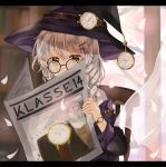  1girl absurdres black_jacket blush chair commentary_request curtains glasses hat highres jacket long_hair looking_at_viewer newspaper original shirt sitting solo watch white_hair white_shirt witch witch_hat wristwatch yellow_eyes yuno_(suke_yuno) 