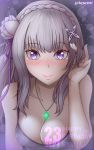  1girl bangs blush braid breasts character_name cleavage closed_mouth collarbone crown_braid dated emilia_(re:zero) extremerazr eyebrows_visible_through_hair flower grey_flower hair_flower hair_ornament hair_ribbon hand_in_hair happy_birthday highres jewelry long_hair looking_at_viewer medium_breasts necklace purple_eyes purple_ribbon re:zero_kara_hajimeru_isekai_seikatsu ribbon silver_hair sleeveless smile solo upper_body 