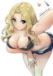  1girl artist_name bent_over bikini black_bikini blonde_hair blue_eyes blue_shorts breast_hold breasts cleavage closed_mouth color_guide commentary cowboy_shot girls_und_panzer hair_intakes highres kakimoto_nao kay_(girls_und_panzer) large_breasts long_hair looking_at_viewer navel open_fly self_shot short_shorts shorts signature simple_background smile solo standing swimsuit v-shaped_eyebrows white_background 