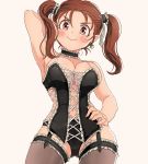  1girl bare_shoulders blush breasts brown_eyes brown_hair cleavage closed_mouth commentary_request corset dragon_quest dragon_quest_viii earrings jessica_albert jewelry large_breasts long_hair looking_at_viewer miyama_(kannsannn) simple_background smile solo thighhighs twintails white_background 