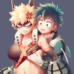  1boy 1girl anger_vein bakugou_katsuki bare_shoulders blonde_hair blush bodysuit boku_no_hero_academia breast_grab breasts cleavage eye_mask face_mask freckles genderswap genderswap_(mtf) gloves grabbing green_bodysuit green_eyes green_hair grey_background hair_between_eyes large_breasts looking_at_viewer mask midoriya_izuku navel open_mouth red_eyes saliva salmon_(657931354) shirt_lift short_hair simple_background smile spiked_hair teeth upper_body white_gloves 