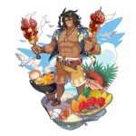  1boy belt brown_hair chest dragalia_lost fish flower food full_body grill hawaiian_shirt long_hair looking_at_viewer male_focus muscle non-web_source official_art open_clothes open_shirt parted_lips ranzal saitou_naoki shirt smile solo teeth transparent_background 