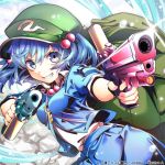  1girl aiming_at_viewer arikanrobo blue_eyes blue_hair blue_shirt blue_skirt commentary_request flat_cap glint green_headwear grin gun hair_between_eyes hair_bobbles hair_ornament hat kawashiro_nitori key leaning_to_the_side looking_at_viewer shirt shirt_under_shirt skirt smile solo teeth touhou touhou_cannonball twintails water water_drop watermark weapon 