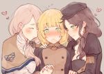  3girls black_headwear blonde_hair blush bow breasts brown_hair closed_eyes dorothea_arnault earrings fire_emblem fire_emblem:_three_houses garreg_mach_monastery_uniform green_eyes grey_background hair_bow hat heart holding_hands ingrid_brandl_galatea jewelry kvlen large_breasts long_hair long_sleeves low_ponytail medium_breasts mercedes_von_martritz multiple_girls open_mouth simple_background uniform upper_body yuri 