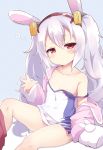  1girl animal_ears azur_lane baku-p bangs blush breasts bunny_ears camisole closed_mouth collarbone commentary_request diagonal-striped_background diagonal_stripes eyebrows_visible_through_hair hair_between_eyes hair_ornament hairband highres jacket knee_up laffey_(azur_lane) long_hair long_sleeves looking_at_viewer off_shoulder open_clothes open_jacket pink_jacket red_eyes red_hairband red_skirt sidelocks silver_hair sitting skirt skirt_around_one_leg sleeves_past_fingers sleeves_past_wrists small_breasts solo strap_slip striped striped_background twintails very_long_hair white_camisole 