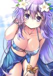  1girl adult_neptune bikini bikini_skirt blue_bikini blue_skirt blue_sky bracelet breasts cleavage cloud collarbone commentary eyebrows_visible_through_hair flower from_below hair_flower hair_ornament hand_in_hair jewelry large_breasts lavender_hair long_hair looking_at_viewer navel neptune_(series) pearl_bracelet purple_eyes shin_jigen_game_neptune_vii skirt sky smile solo sunlight swimsuit thighs very_long_hair wrist_cuffs yuzukisiho 