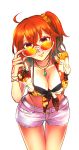  1girl ahoge belt belt_buckle black_bikini_top bracelet breasts buckle cleavage closed_mouth collarbone cowboy_shot eyebrows_visible_through_hair fate/grand_order fate_(series) front-tie_bikini front-tie_top fujimaru_ritsuka_(female) hair_between_eyes hair_ornament hair_scrunchie hawaiian_shirt jewelry leaning_forward long_hair looking_at_viewer medium_breasts necklace orange-tinted_eyewear orange_eyes orange_hair orange_scrunchie print_shirt redrabbit44 scrunchie shiny shiny_hair shirt short_shorts shorts side_ponytail simple_background smile solo standing sunglasses thigh_gap tied_shirt tropical_summer white-framed_eyewear white_background white_belt white_shorts 