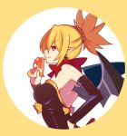  1girl arito_arayuru black_wings blonde_hair blush bow breasts cleavage demon_girl demon_wings detached_sleeves disgaea earrings eyebrows_visible_through_hair from_side gloves gun holding holding_gun holding_weapon jewelry large_breasts looking_at_viewer makai_senki_disgaea_2 pointy_ears red_eyes red_neckwear rozalin short_hair short_ponytail smile solo strapless upper_body weapon wings yellow_bow 