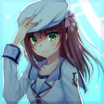  1girl angel_beats! beret blue_background blue_sailor_collar commentary_request green_eyes hand_on_headwear hat holding long_hair looking_at_viewer nakamura_hinato purple_hair sailor_collar school_uniform serafuku shinda_sekai_sensen_uniform smile solo upper_body white_headwear yuri_(angel_beats!) 