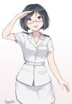  1girl :d absurdres alternate_costume arm_up black_hair breasts brown_background collarbone collared_shirt commentary gradient gradient_background highres kantai_collection kirishima_(kantai_collection) open_mouth pencil_skirt pink-framed_eyewear round_teeth salute semi-rimless_eyewear shirt short_hair short_sleeves signature skirt small_breasts smile solo teeth tegar32 under-rim_eyewear uniform upper_teeth white_background white_shirt white_skirt 