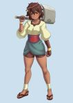  ajna_(indivisible) ankle_wrap axe beads bike_shorts bracelet brown_eyes brown_hair dark_skin finalcake gloves highres indivisible jewelry sandals short_sleeves shorts single_glove 