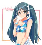  1girl alakoala_shoushou artist_name bare_shoulders bikini blue_bikini blue_eyes blush breasts cleavage cup dated eyebrows_visible_through_hair floral_print green_hair highres holding holding_cup isuzu_(kantai_collection) kantai_collection large_breasts long_hair midriff navel smile solo swimsuit twintails upper_body 