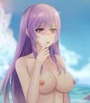  1girl blue_sky blurry blurry_background blush breasts collarbone day eyebrows_visible_through_hair fengzi200101 hair_between_eyes long_hair looking_at_viewer medium_breasts mo_qingxian nipples nude open_mouth outdoors purple_eyes purple_hair shiny shiny_hair sky solo straight_hair upper_body very_long_hair vocaloid vsinger 