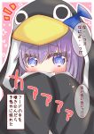 1girl animal_hood bangs black_jacket blue_bow blue_eyes blush bow commentary_request covering_mouth eyebrows_visible_through_hair fate/grand_order fate_(series) hair_between_eyes hands_up heart highres hood hood_up hooded_jacket jacket long_sleeves looking_at_viewer meltryllis meltryllis_(swimsuit_lancer)_(fate) notice_lines outline penguin_hood pink_background purple_hair ridy_(ri_sui) sleeves_past_fingers sleeves_past_wrists solo translation_request two-tone_background upper_body white_background white_outline 