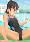  1girl absurdres arena_(company) barefoot black_eyes black_hair black_swimsuit blue_sky cloud collarbone commentary_request competition_swimsuit day fence flat_chest grin highres lifeguard_chair looking_at_viewer one-piece_swimsuit original outdoors pool pool_ladder poolside short_ponytail sitting sky smile solo spread_legs swimsuit takafumi tan tanline v 