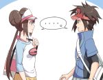  ... 1boy 1girl bag breasts brown_eyes brown_hair commentary_request double_bun hyakuen_raitaa jacket kyouhei_(pokemon) long_hair mei_(pokemon) open_mouth pantyhose poke_ball_print pokemon pokemon_(game) pokemon_bw2 raglan_sleeves shorts spoken_ellipsis twintails visor_cap 