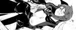  1girl animal_ears blush breasts dress greyscale heart highres hiyuu_(flying_bear) imaizumi_kagerou large_breasts long_hair long_sleeves looking_at_viewer monochrome nipples one_breast_out open_mouth presenting pulling smile solo touhou wolf_ears 