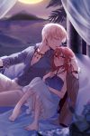  1boy 1girl barefoot blonde_hair blue_background blue_dress blurry_foreground bracelet breasts cleavage closed_eyes closed_mouth collarbone collared_shirt dress dress_shirt eyebrows_visible_through_hair fate/grand_order fate_(series) fujimaru_ritsuka_(female) gilgamesh gradient_dress grey_shirt hair_between_eyes hand_in_another&#039;s_hair hand_in_hair highres jewelry long_dress looking_at_viewer medium_breasts medium_hair on_bed outdoors pants parted_lips red_eyes red_hair redrabbit44 shirt sitting sitting_on_bed sleeveless sleeveless_dress white_pants wing_collar 