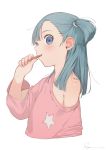  1girl :t arm_at_side asymmetrical_bangs bangs bare_shoulders blue_eyes blue_hair blush bulma clothes_down dragon_ball dragon_ball_(classic) expressionless fingernails flat_chest highres holding holding_toothbrush long_sleeves looking_at_viewer pajamas pink_pajamas ryota_(ry_o_ta) shiny shiny_skin short_hair short_ponytail side_ponytail signature simple_background solo star straight_hair toothbrush toothbrush_in_mouth upper_body white_background younger 