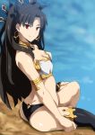  1girl armlet ass asymmetrical_legwear asymmetrical_sleeves bangs bare_shoulders black_bikini_bottom black_hair blush breasts bridal_gauntlets cleavage closed_mouth detached_sleeves earrings fate/grand_order fate_(series) hera_(hara0742) highres hoop_earrings ishtar_(fate/grand_order) jewelry long_hair looking_at_viewer neck_ring parted_bangs red_eyes single_detached_sleeve sitting small_breasts smile solo thighs tiara two_side_up white_bikini_top 