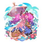  1girl bird blue_hair cleo_(dragalia_lost) coconut coconut_tree dragalia_lost drink flower full_body gradient_hair hair_ornament long_hair looking_at_viewer multicolored_hair non-web_source ocean official_art open_clothes open_skirt palm_tree petals pink_hair pout purple_eyes purple_hair saitou_naoki sandals sandals_removed skirt swimsuit transparent_background tree twintails 