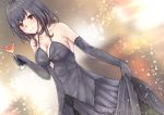  1girl bare_shoulders black_choker black_dress black_gloves black_hair blush breasts choker cleavage commentary_request cup dress dress_lift drinking_glass dutch_angle elbow_gloves eyebrows_visible_through_hair gloves hair_between_eyes holding holding_cup kantai_collection large_breasts long_dress looking_at_viewer red_eyes shohei_(piranha5hk) short_hair smile solo spaghetti_strap sparkle wine_glass yamashiro_(kantai_collection) 