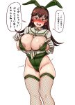  1girl adapted_costume alternate_breast_size anger_vein animal_ears areola_slip areolae blush breasts brown_eyes brown_hair bunny_ears bunny_girl bunnysuit cameltoe commentary_request cowboy_shot earrings fake_animal_ears fishnet_legwear fishnets green_leotard heart_lock_(kantai_collection) highres huge_breasts jewelry kantai_collection leotard long_hair long_sleeves neckerchief nose_blush ooi_(kantai_collection) ryuun_(stiil) school_uniform serafuku shaded_face simple_background speech_bubble standing thighhighs translation_request undersized_clothes white_background 